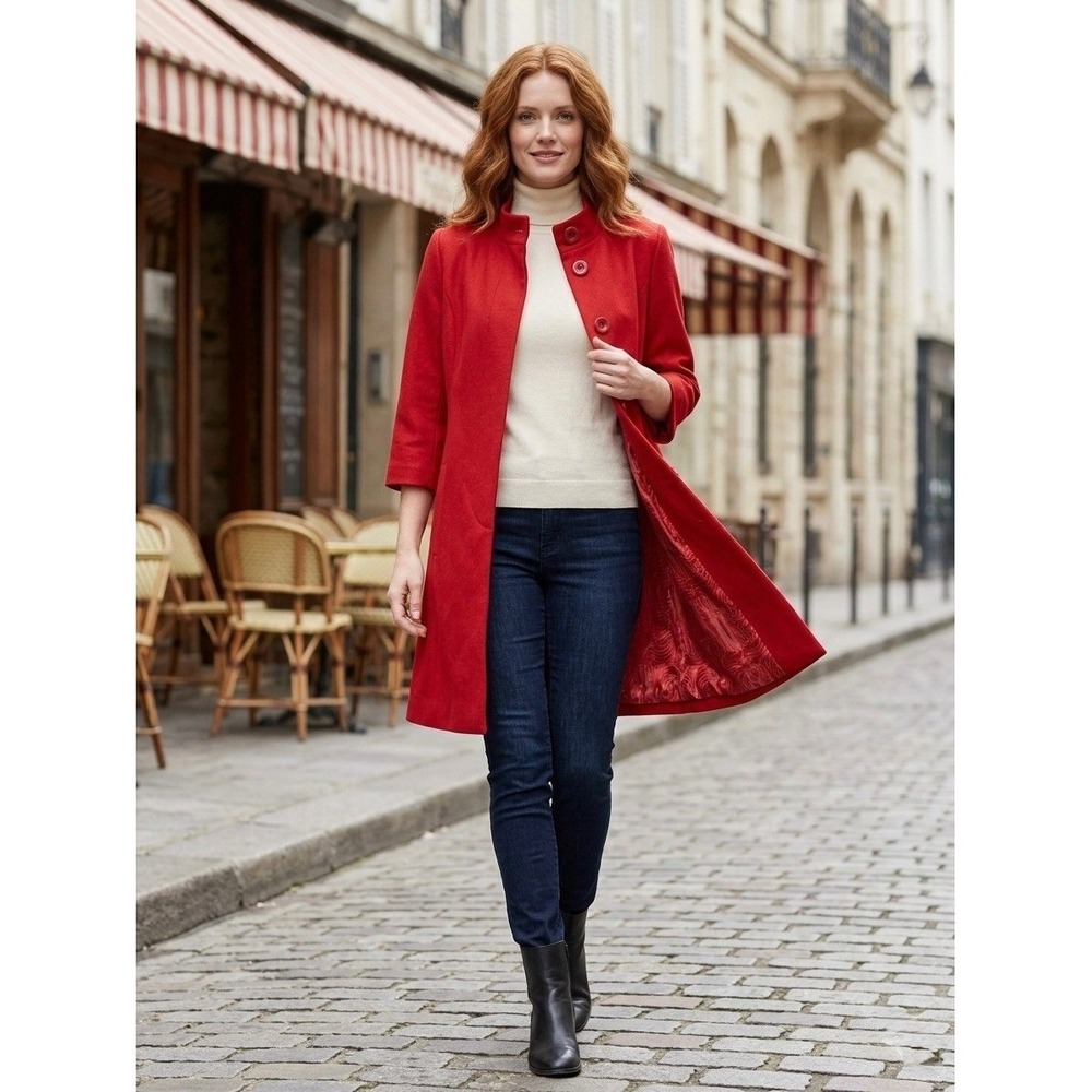 Tulle Red Funnel Neck A-Line Coat 3/4 Sleeve Button Front Mid-Length Small